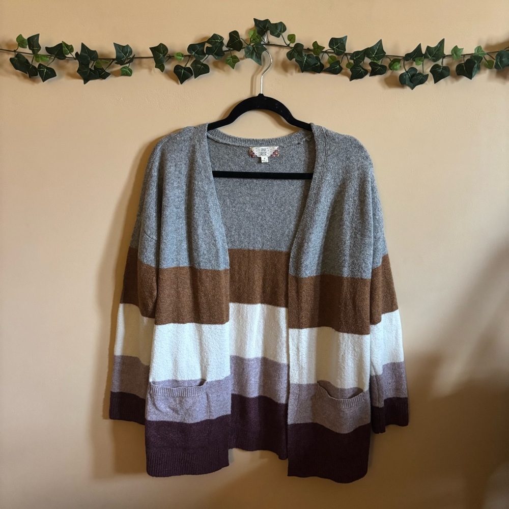 Pink Rose Women's Striped Open Front Cardigan With Pockets